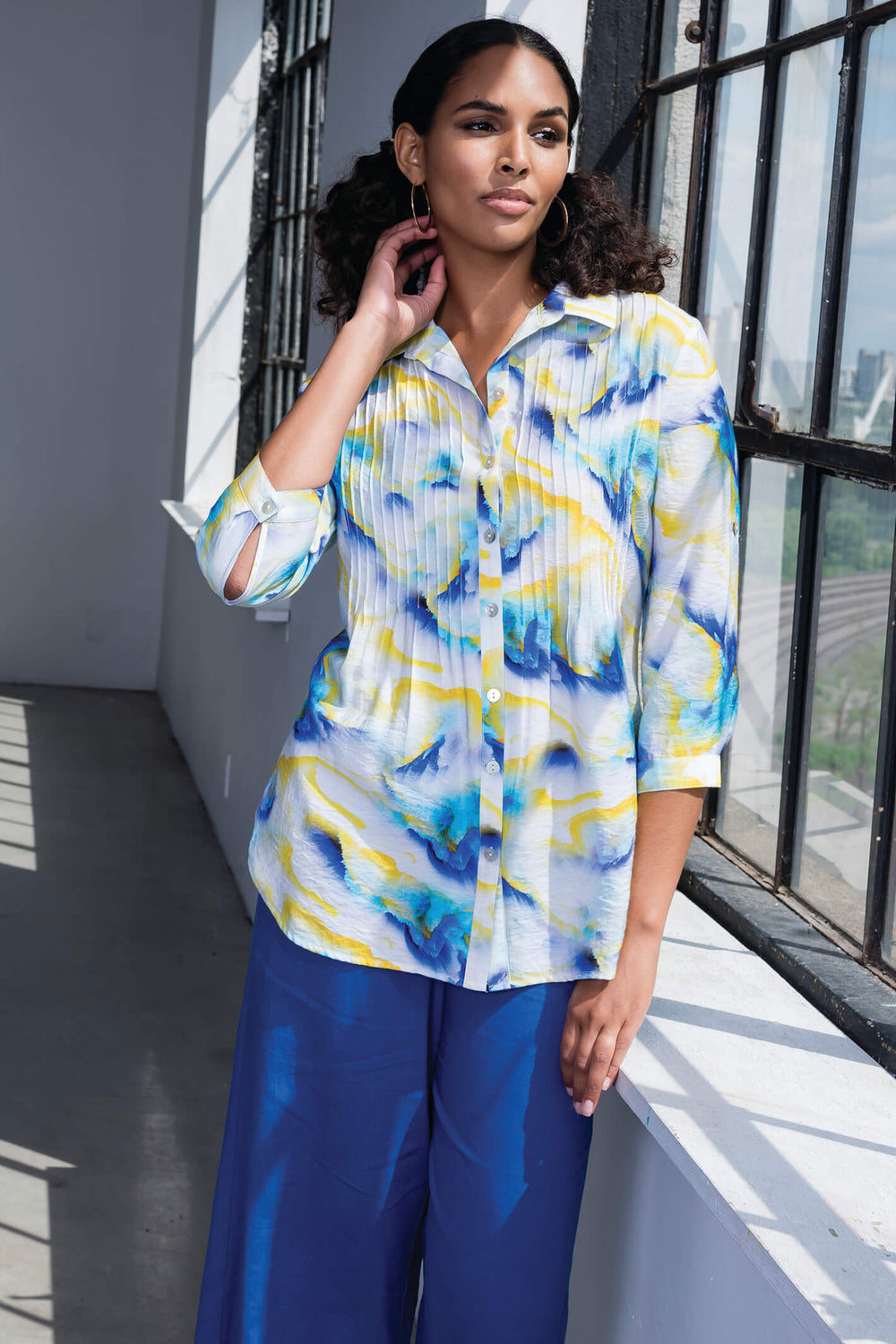 Alison Sheri A41428 Blue & Yellow Watercolour Shirt - Experience Boutique