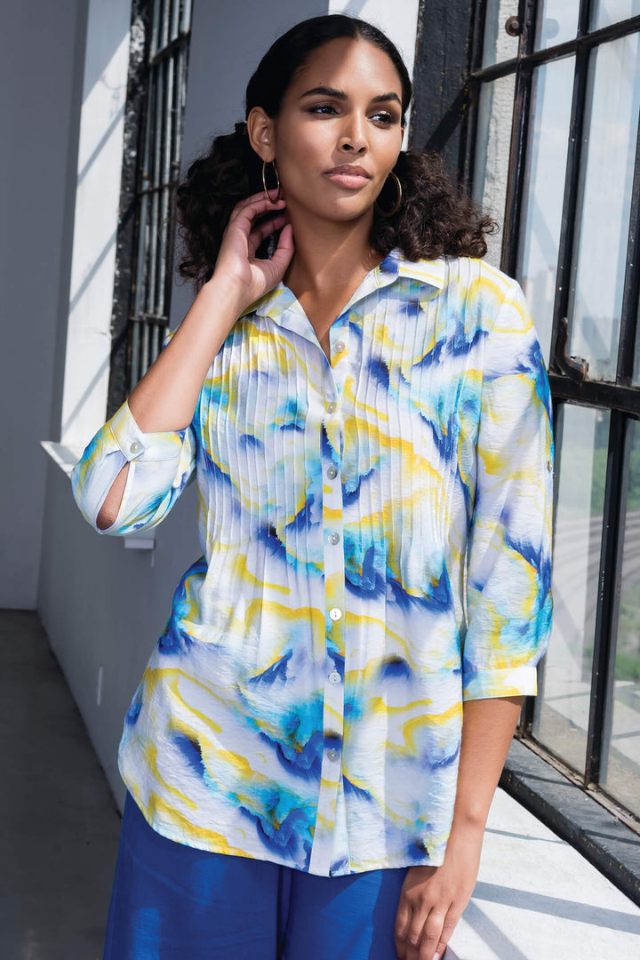 Alison Sheri A41428 Blue & Yellow Watercolour Shirt - Experience Boutique