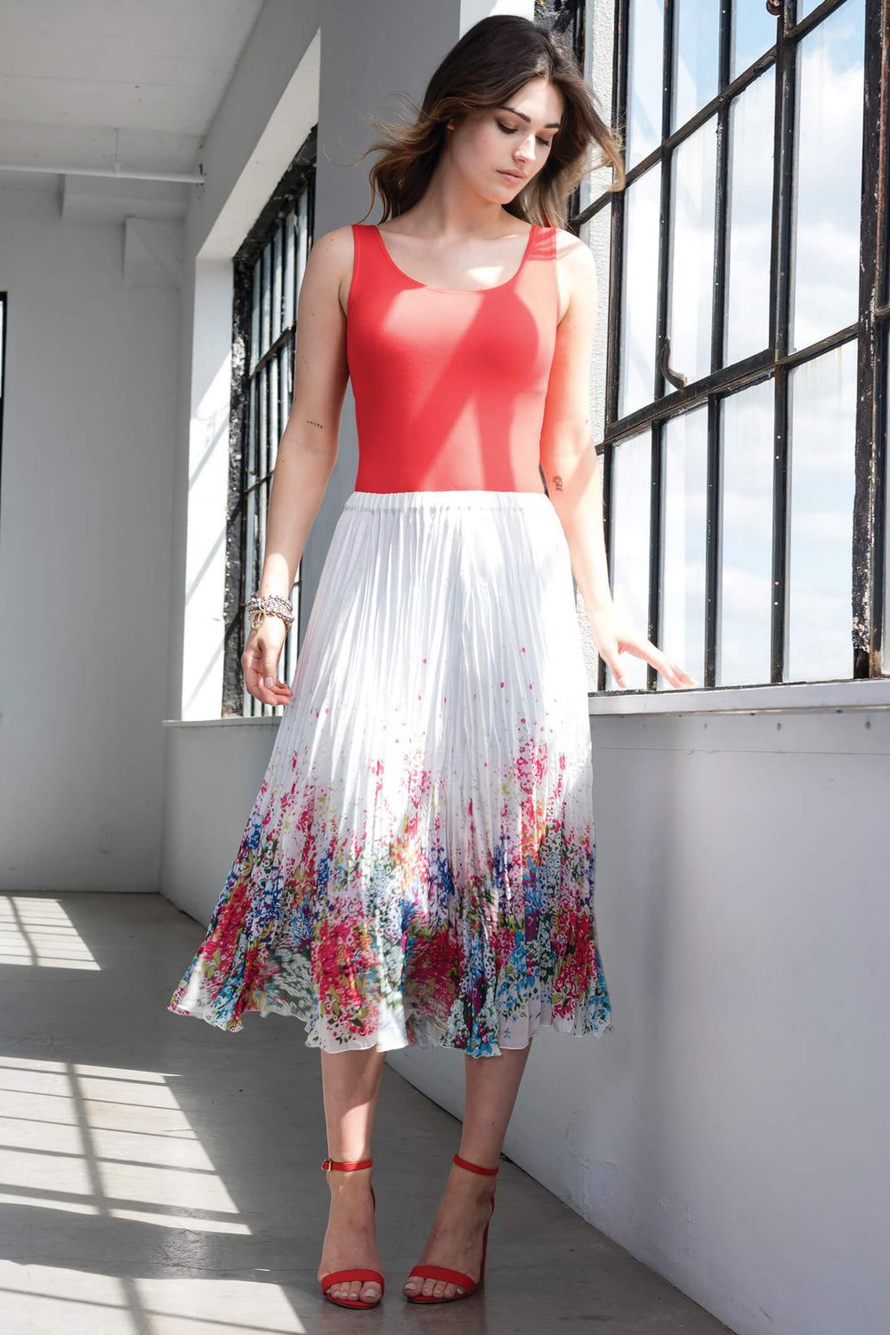 Alison Sheri A41442 White Floral Print Pleated Skirt - Experience Boutique