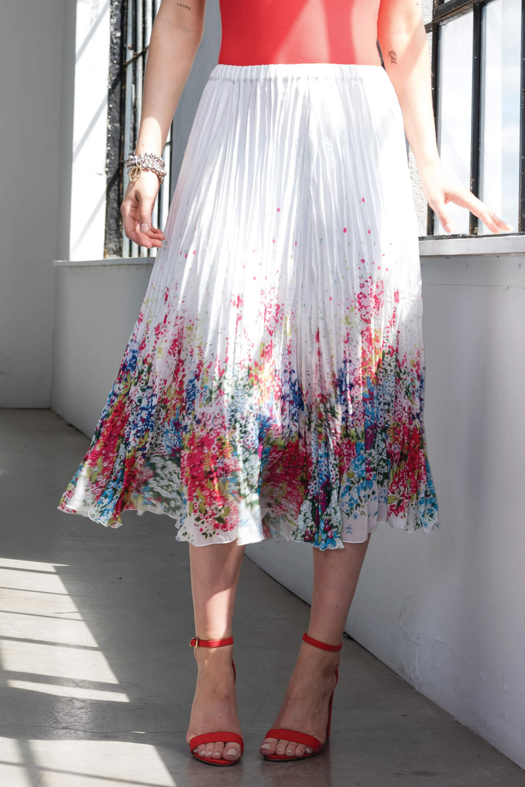 Alison Sheri A41442 White Floral Print Pleated Skirt - Experience Boutique