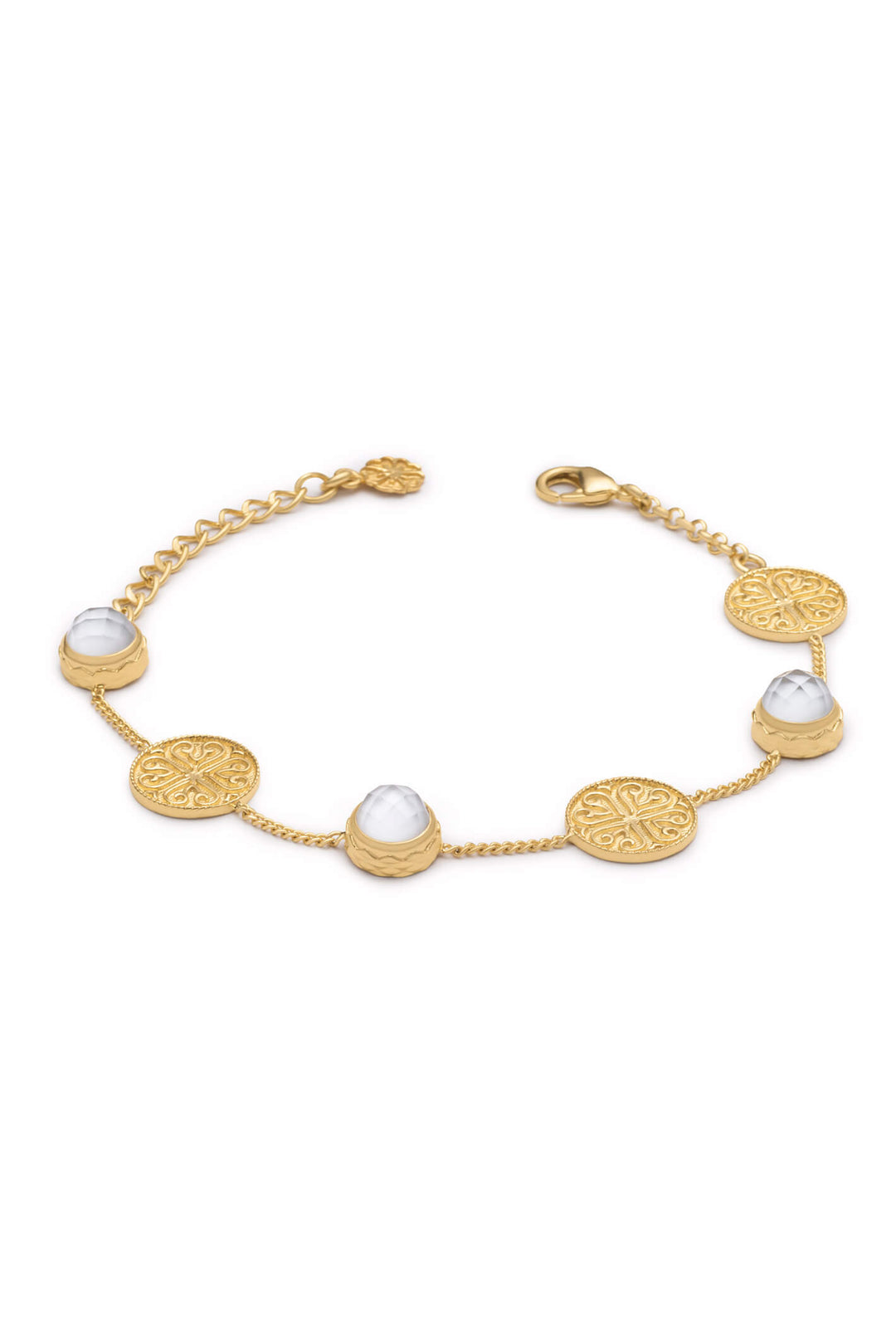 Azuni Apollo Mother Of Pearl Faceted Doublet and Ornate Disc Bracelet - Experience Boutique