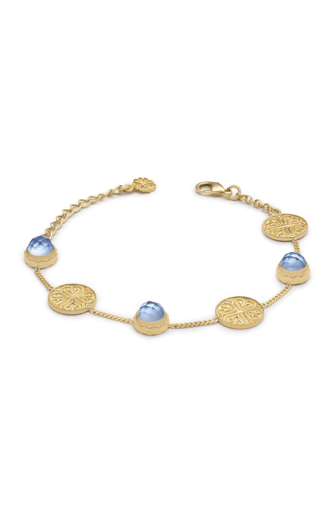 Azuni Apollo Tanzanite Blue Faceted Doublet and Ornate Disc Bracelet - Experience Boutique