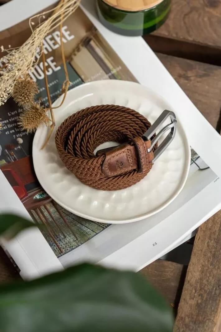 Billy Belt Camel Brown Elasticated Woven & Leather Belt - Experience Boutique