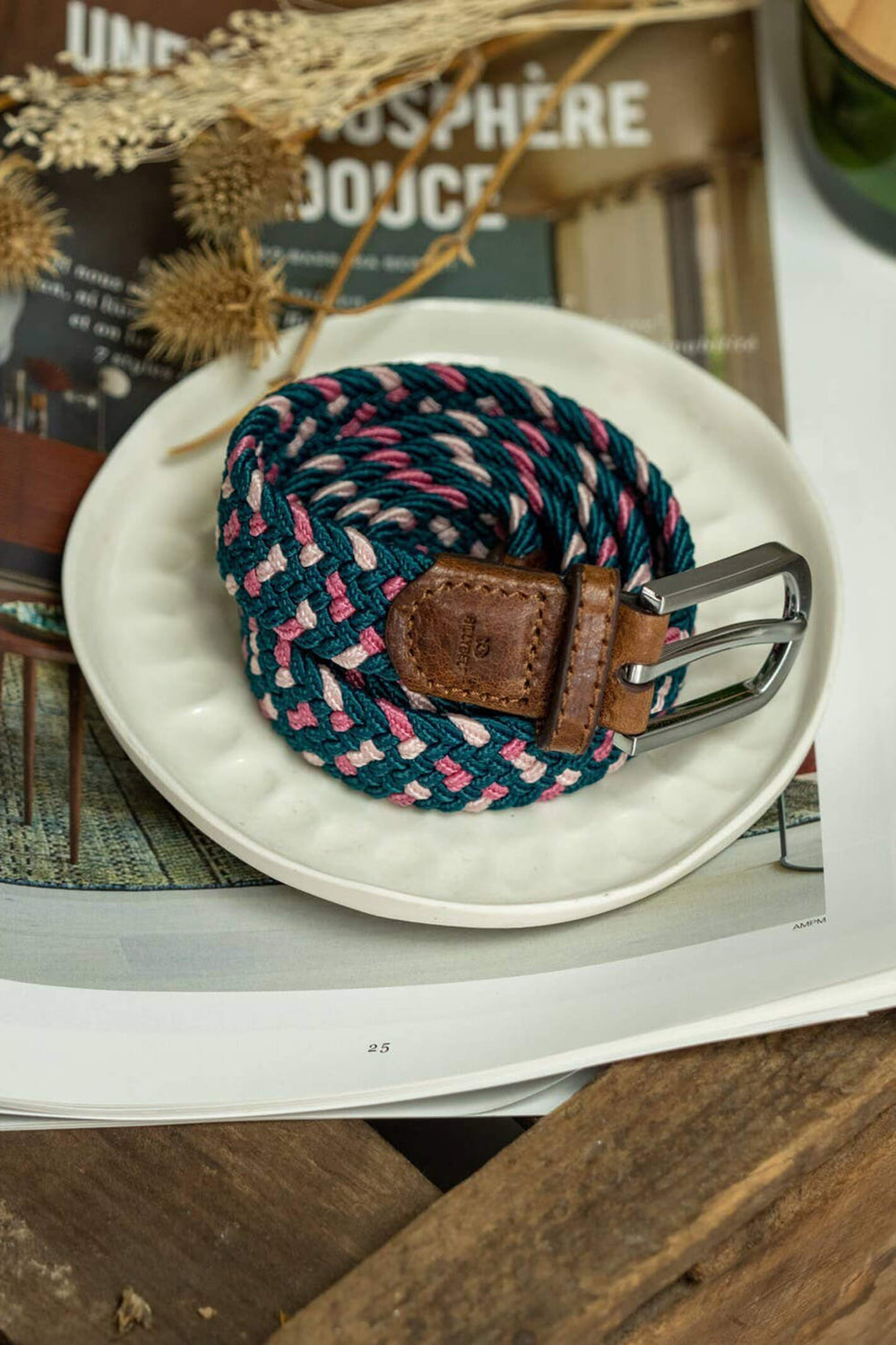 Billy Belt Teal & Pink Elasticated Woven & Leather Belt - Experience Boutique