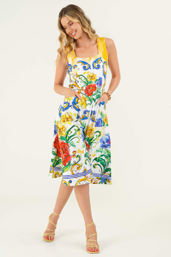 Dolcezza 23140 Yellow Filigree Print Sun Dress - Experience Boutique