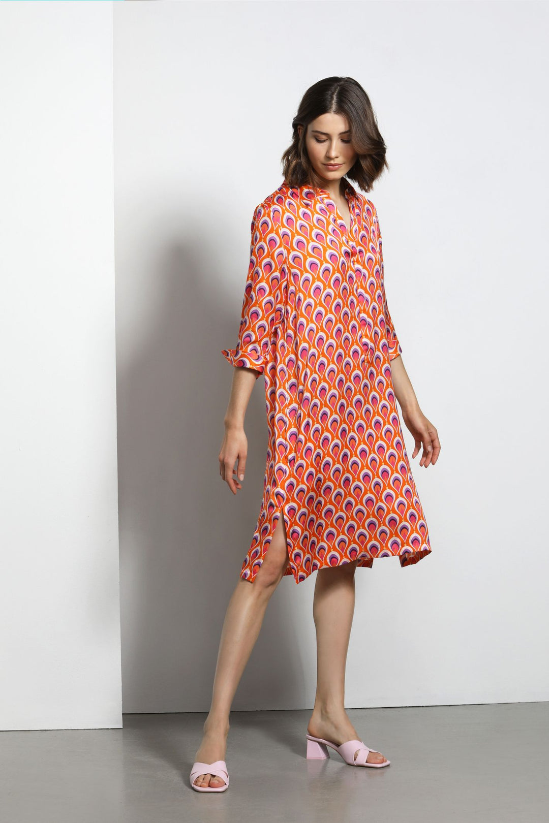 Erfo 8518009-00 Orange Peacock Print Shirt Dress