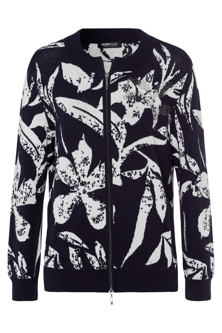 Frank Walder 308053 053 059 Navy Flower Zip Front Cardigan - Experience Boutique