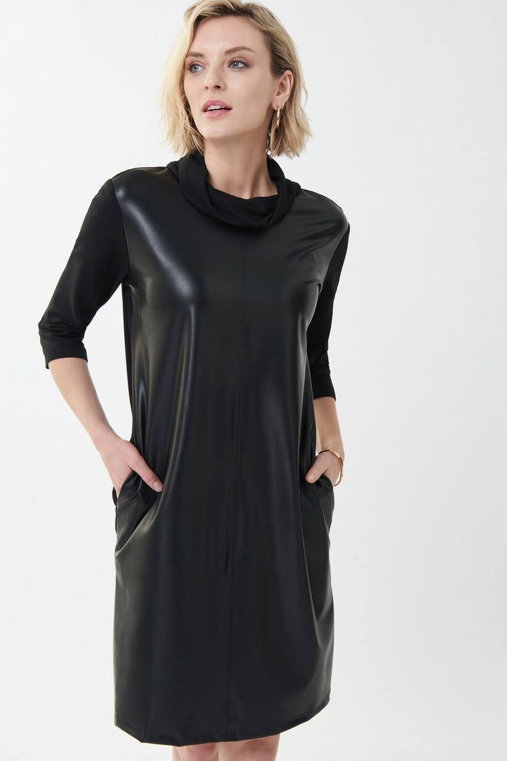 Joseph Ribkoff 223061 Black Faux Leather Cowl Neck Dress - Experience Boutique