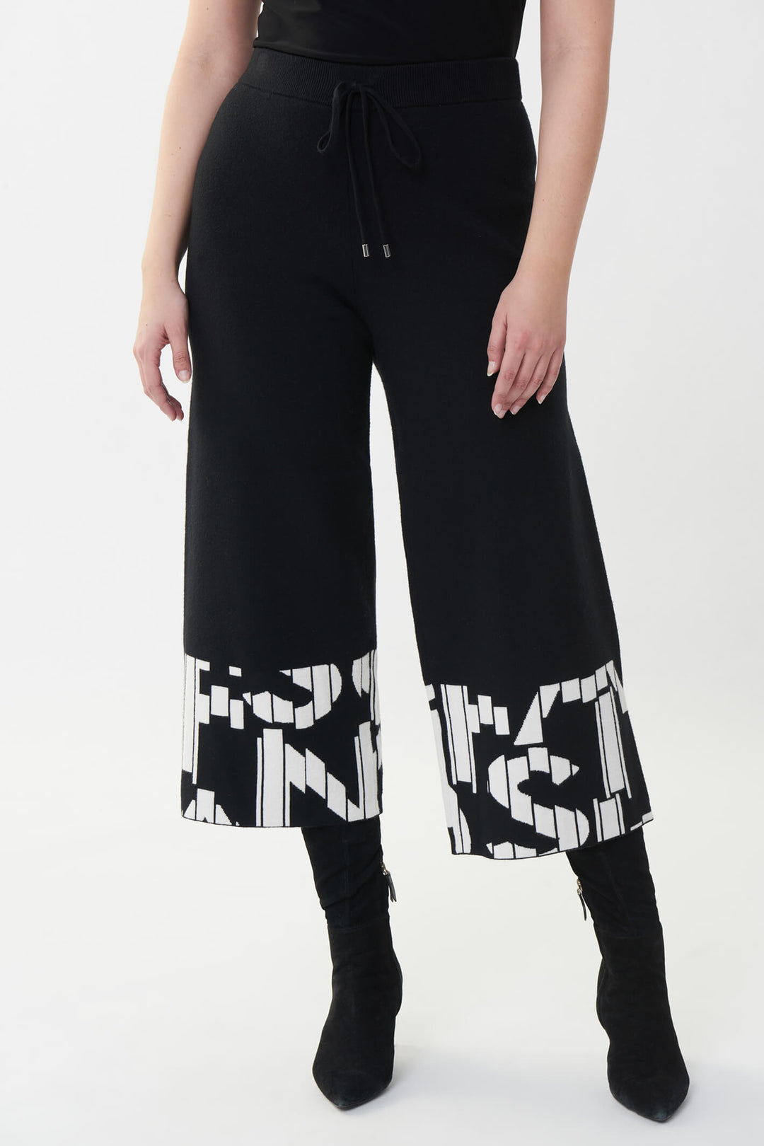 Joseph Ribkoff 223950 Black Letter Print Knit Wide Leg Trousers - Experience Boutique