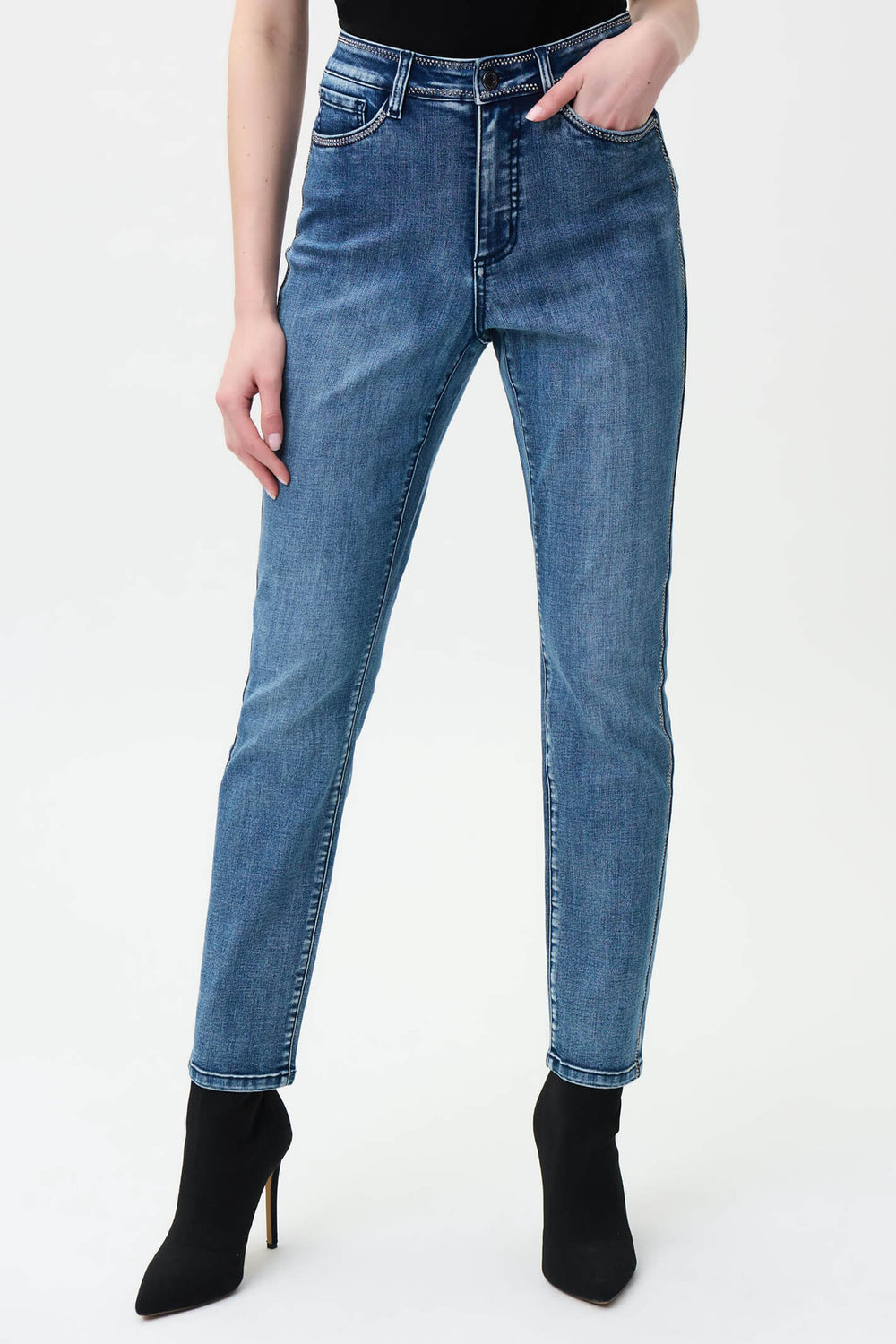 Joseph Ribkoff 224954 Medium Blue Embellished Denim Jeans - Experience Boutique