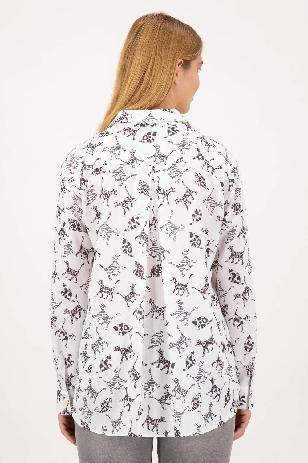 Just White C2331 Off White Cat Print Shirt - Experience Boutique