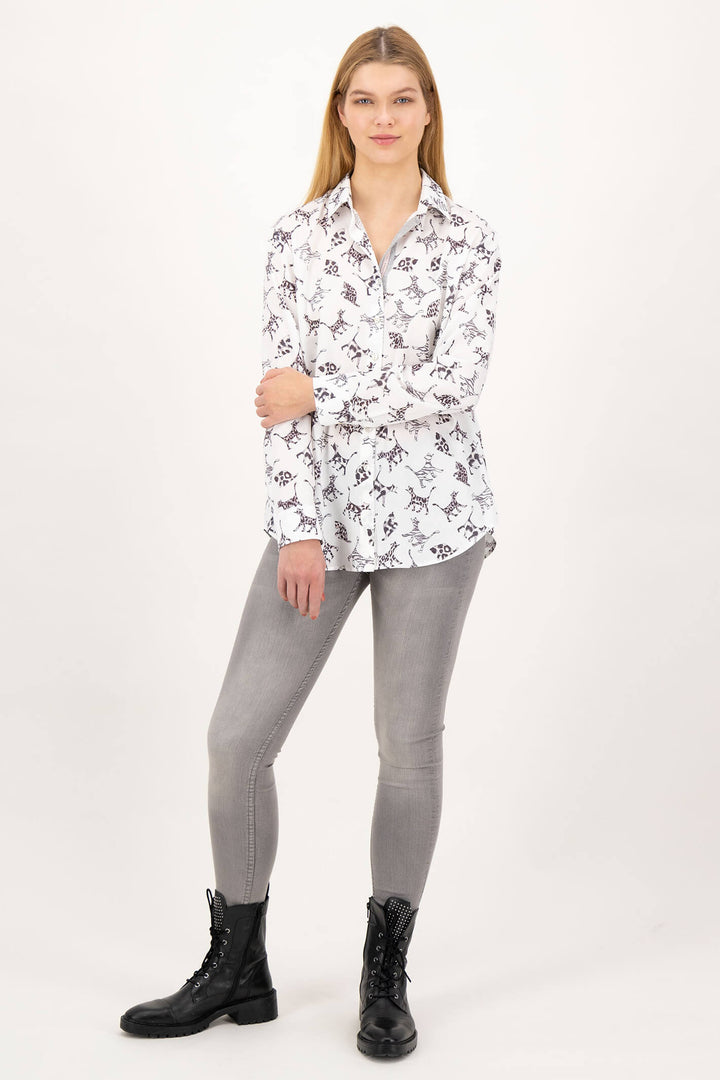 Just White C2331 Off White Cat Print Shirt - Experience Boutique