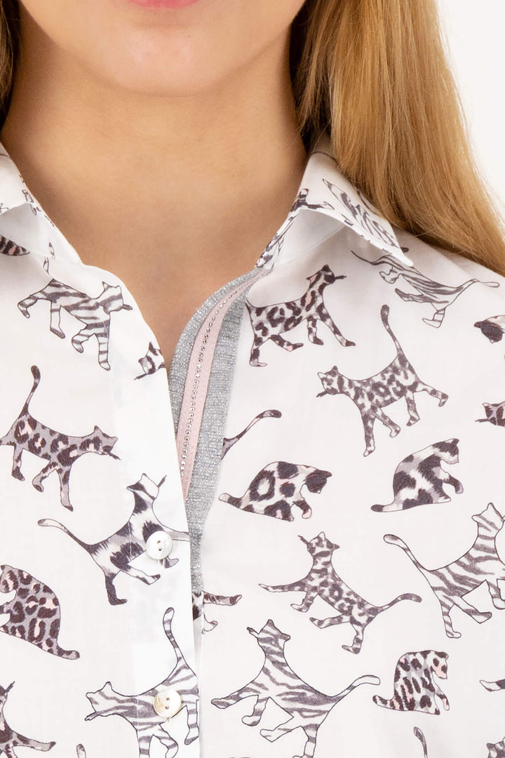 Just White C2331 Off White Cat Print Shirt - Experience Boutique
