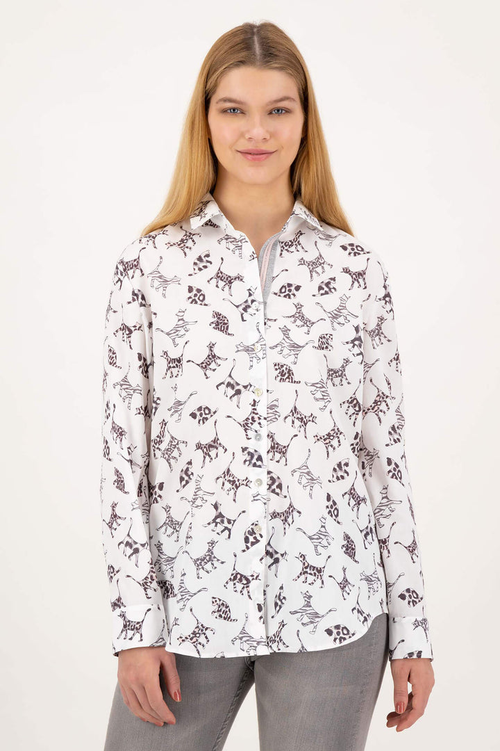 Just White C2331 Off White Cat Print Shirt - Experience Boutique
