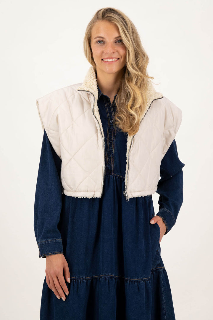 Just White Y2071 Cream Reversible Padded Fleece Cropped Gilet - Experience Boutique