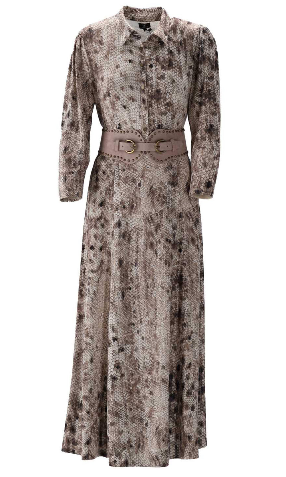 K-Design V122 Beige Animal Print Dress With Studded Belt - Experience Boutique