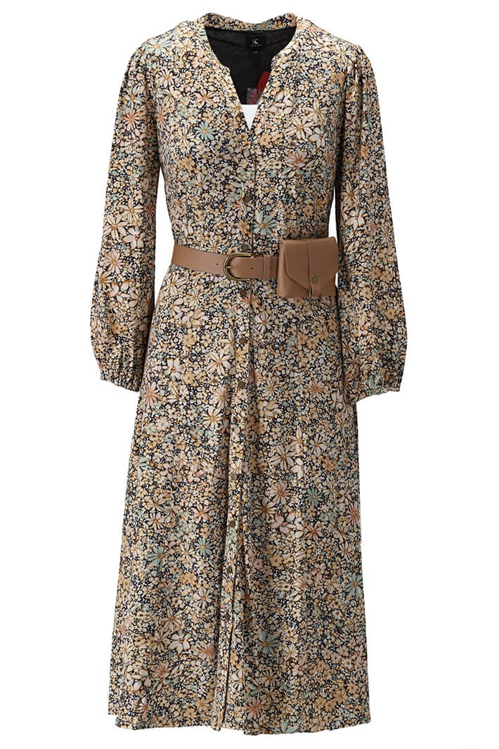 K-Design V125 Gold Floral Print Shirt Dress With Pouch Belt - Experience Boutique