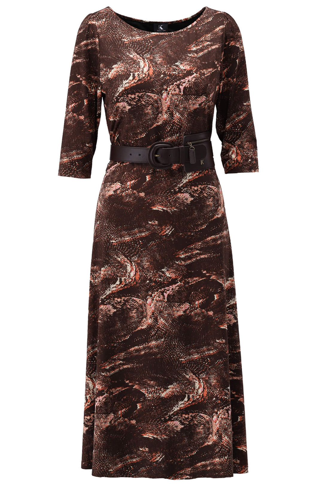 K-Design V315 P445 Brown Marble Print Day Dress With Belt - Experience Boutique