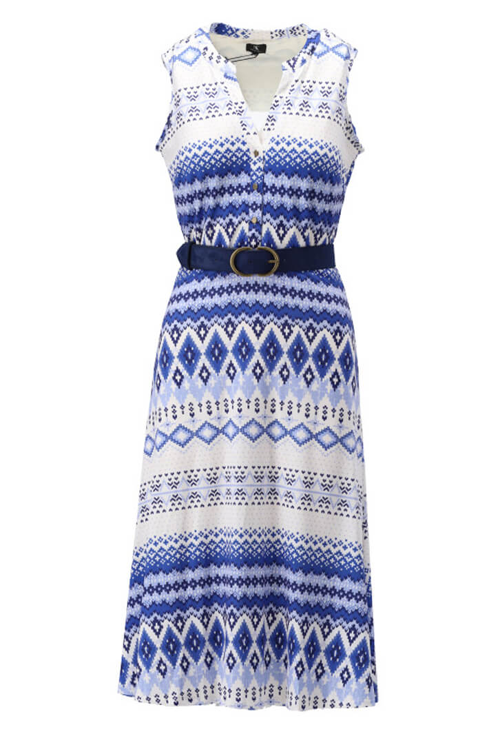 K Design W107 Blue Print Sleeveless Midi Dress With Belt - Experience Boutique