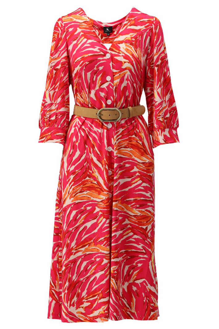 K Design W351 Pink Tropical Print 34 Length Sleeve Midi Dress - Experience Boutique