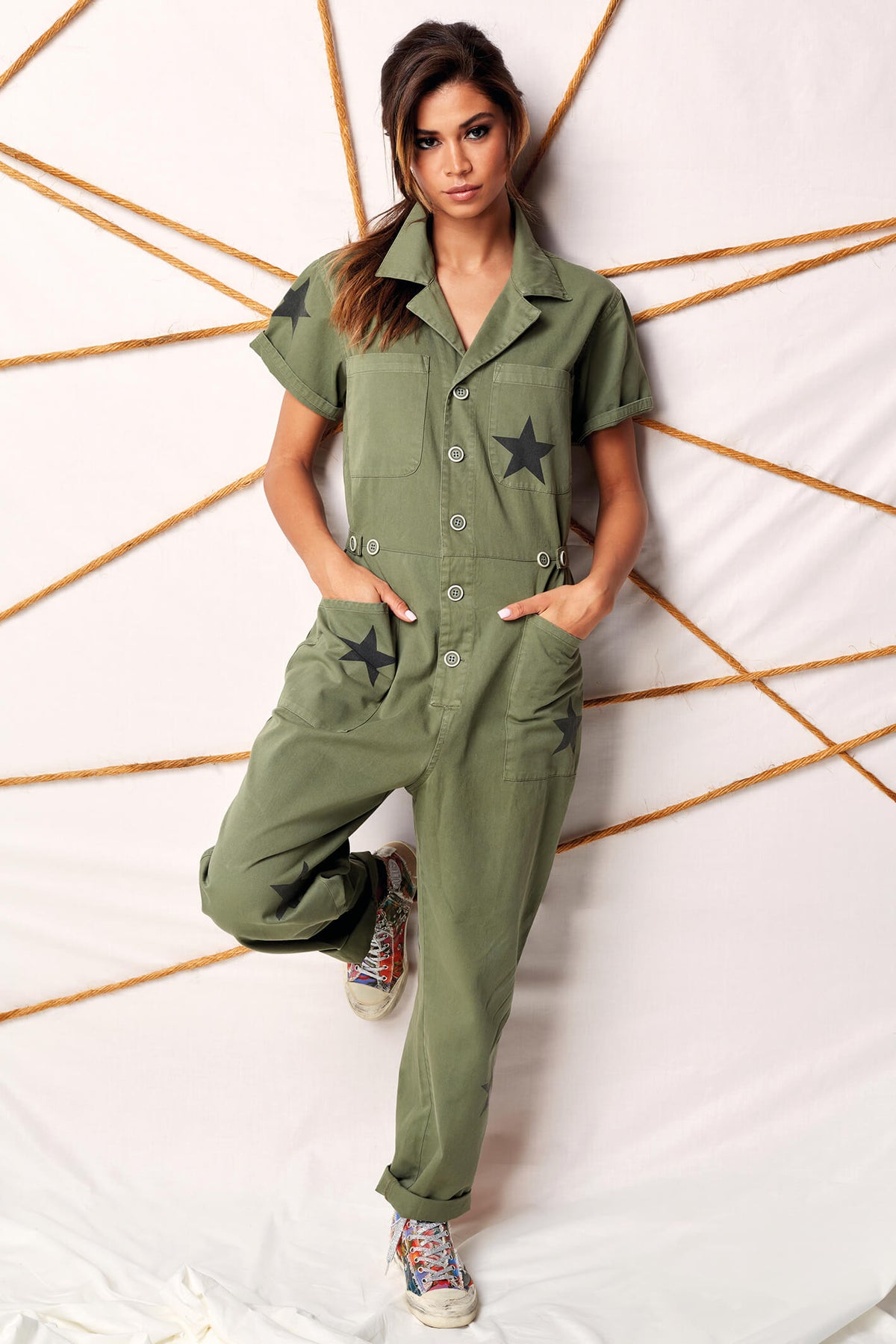 K Design W422 025 Khaki Green Star Print Jumpsuit