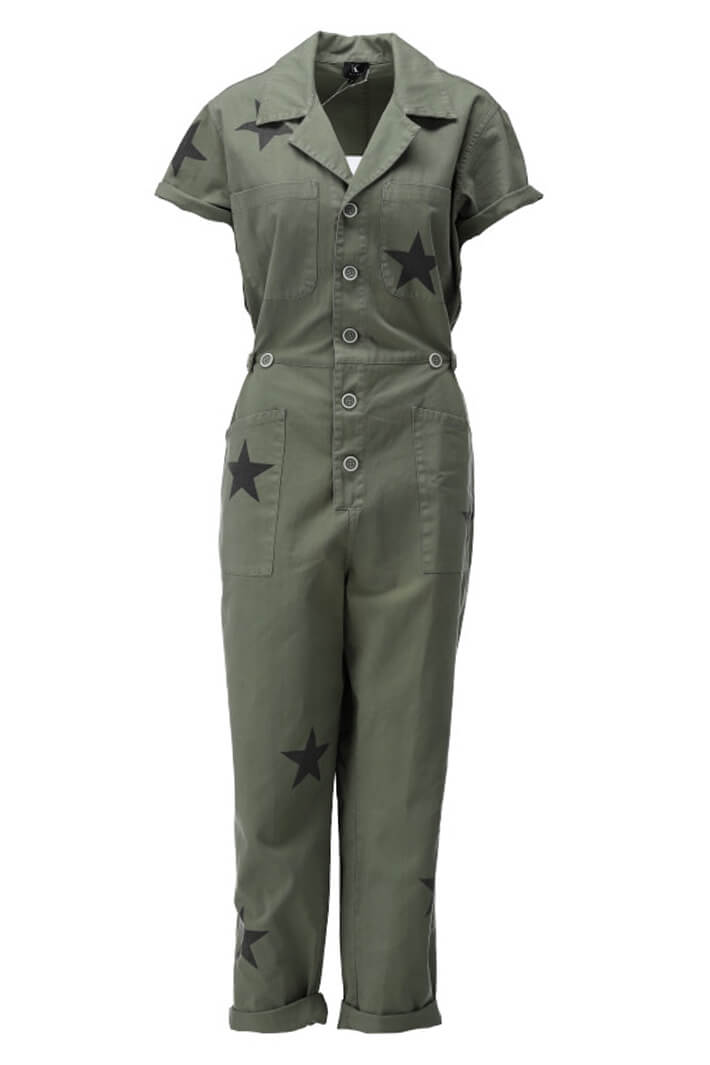 K Design W422 025 Khaki Green Star Print Jumpsuit - Experience Boutique