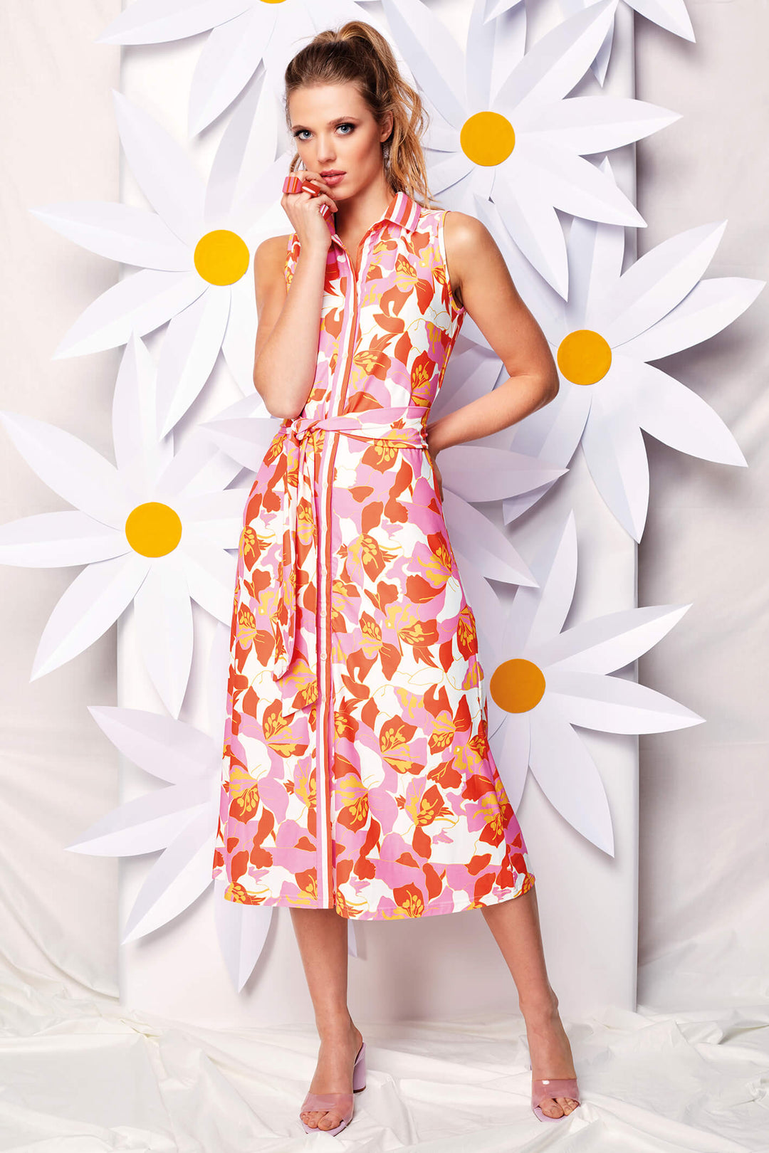 K Design W611 Pink Floral Print Sleeveless Shirt Dress - Experience Boutique