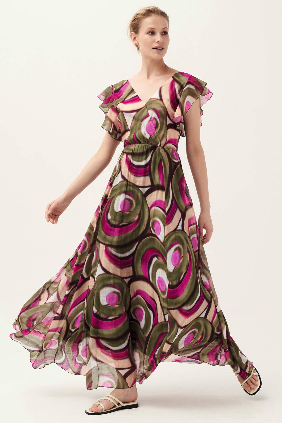 Leo & Ugo EER322 Pink Green Print Maxi Dress - Experience Boutique