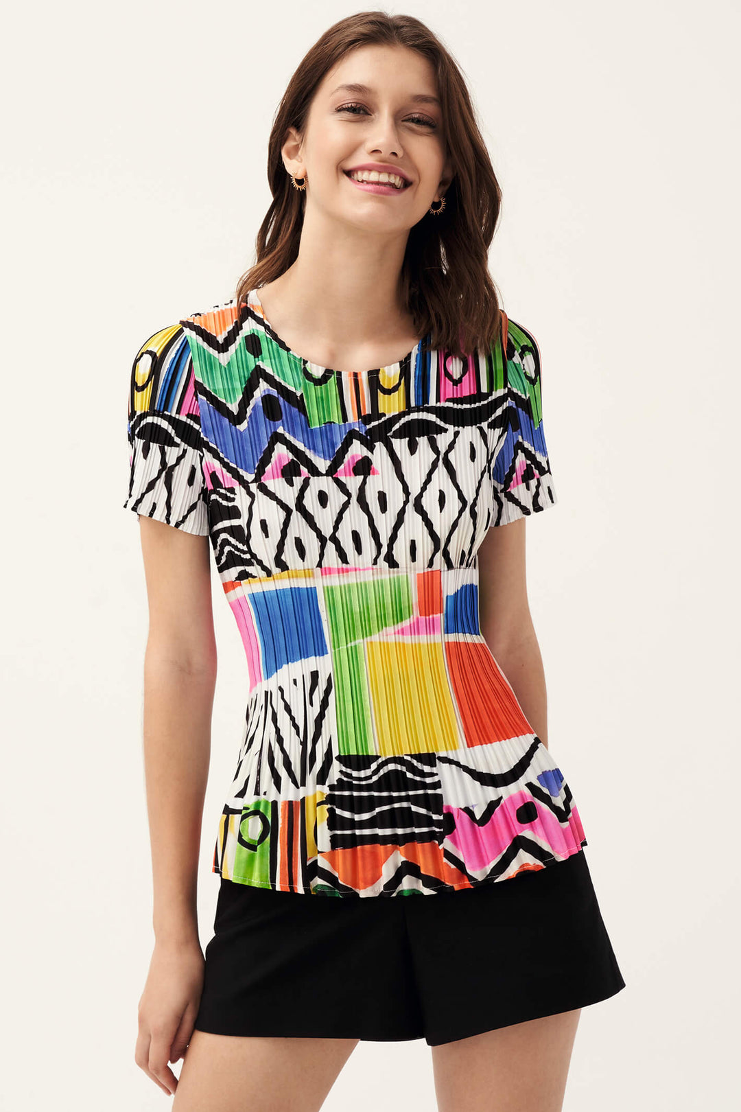 Leo & Ugo YE450 Brights Retro Print Pleated Top - Experience Boutique