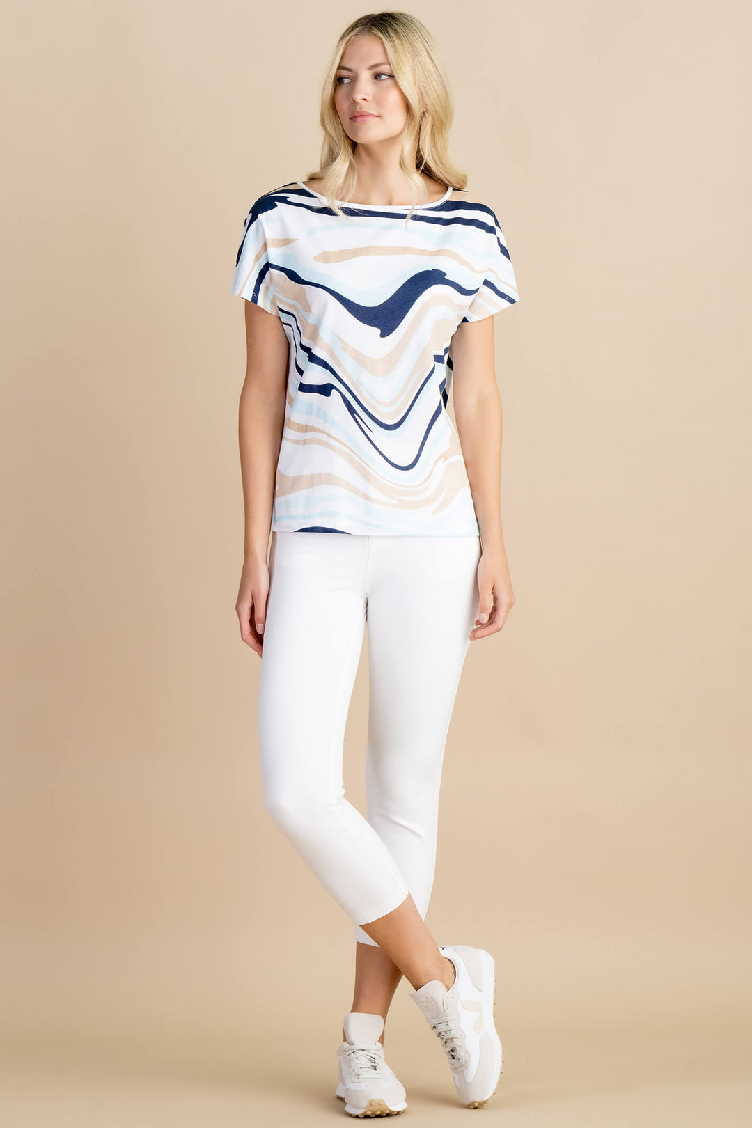 Marble Fashions 6941 202 Blue Taupe Print Short Sleeve Top - Experience Boutique