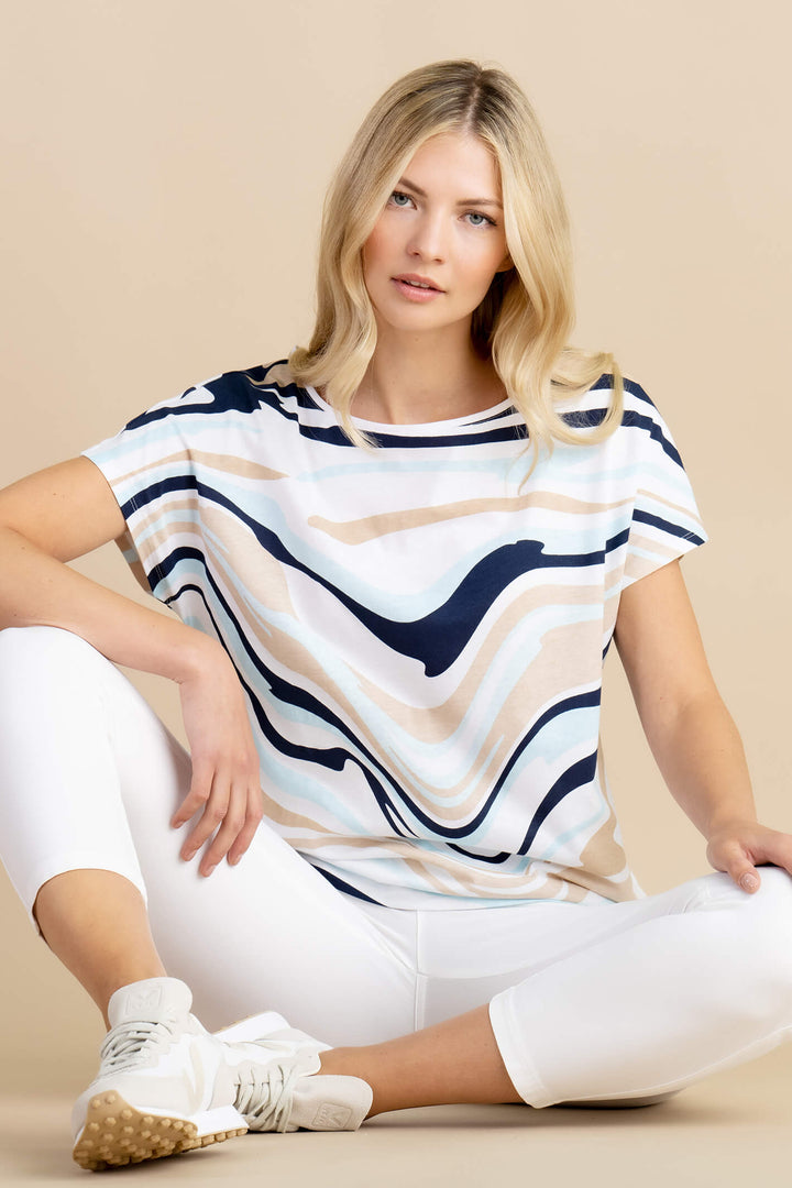 Marble Fashions 6941 202 Blue Taupe Print Short Sleeve Top - Experience Boutique