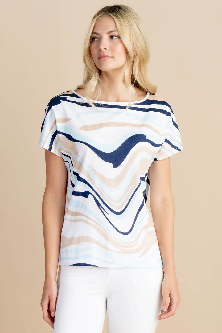 Marble Fashions 6941 202 Blue Taupe Print Short Sleeve Top - Experience Boutique