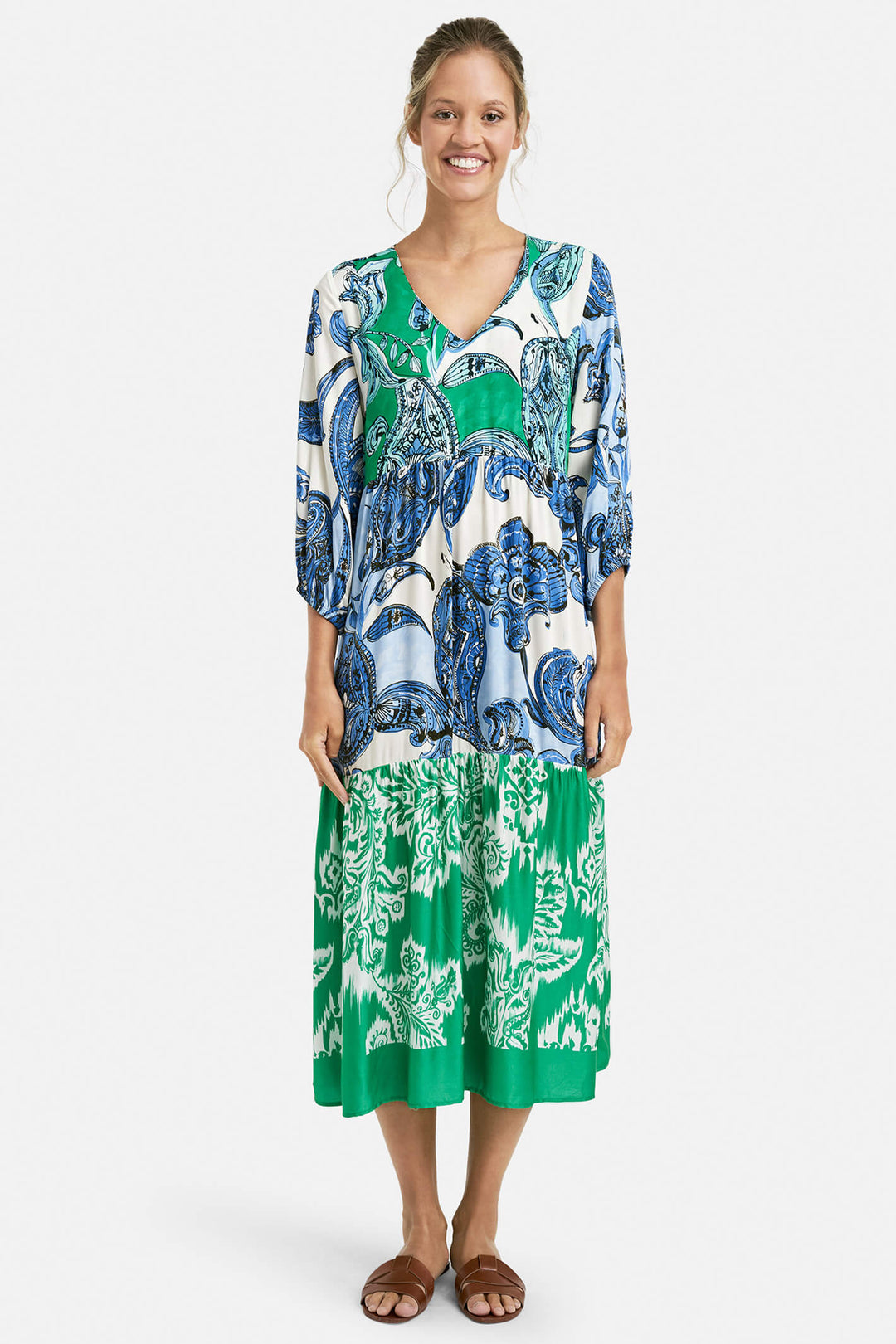 Milano 6028 Denim Blue Green Print Dress - Experience Boutique