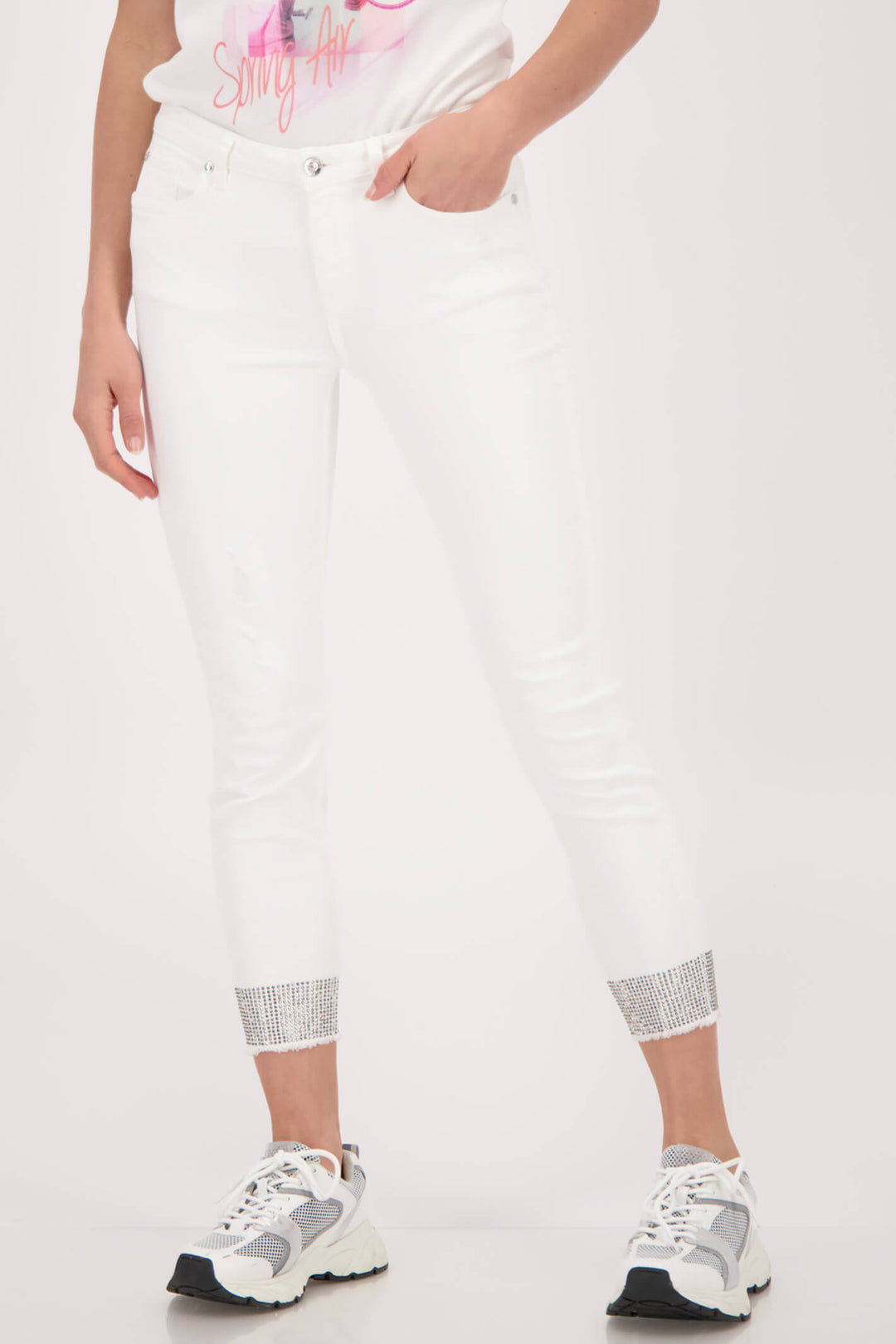 Monari 407445 Off White Diamante Cuff Jeans - Experience Boutique