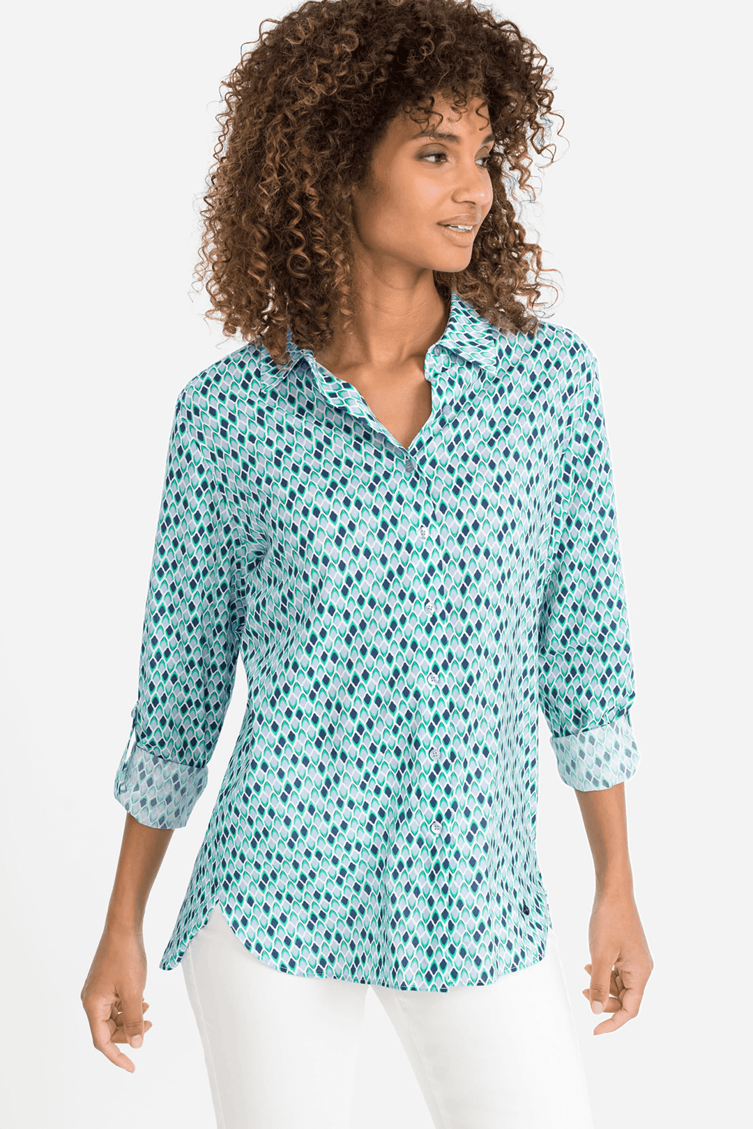 Olsen 12001778 Blue & Green Print Shirt - Experience Boutique