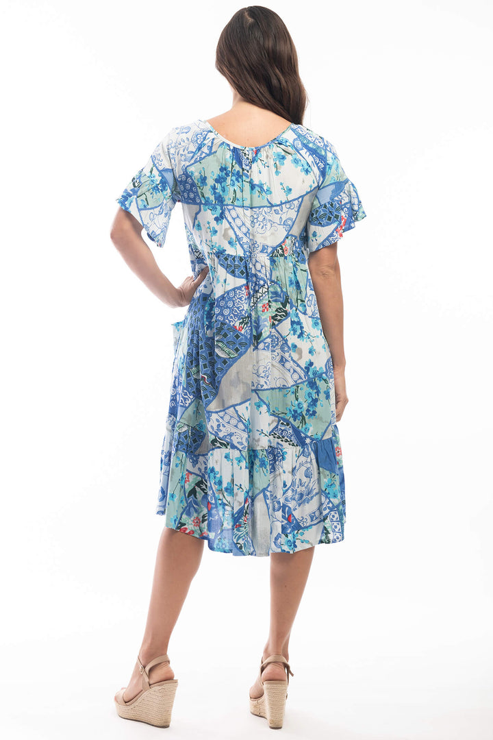 Orientique 2126 Blue Kintsugi Print Sort Sleeve Dress - Experience Boutique