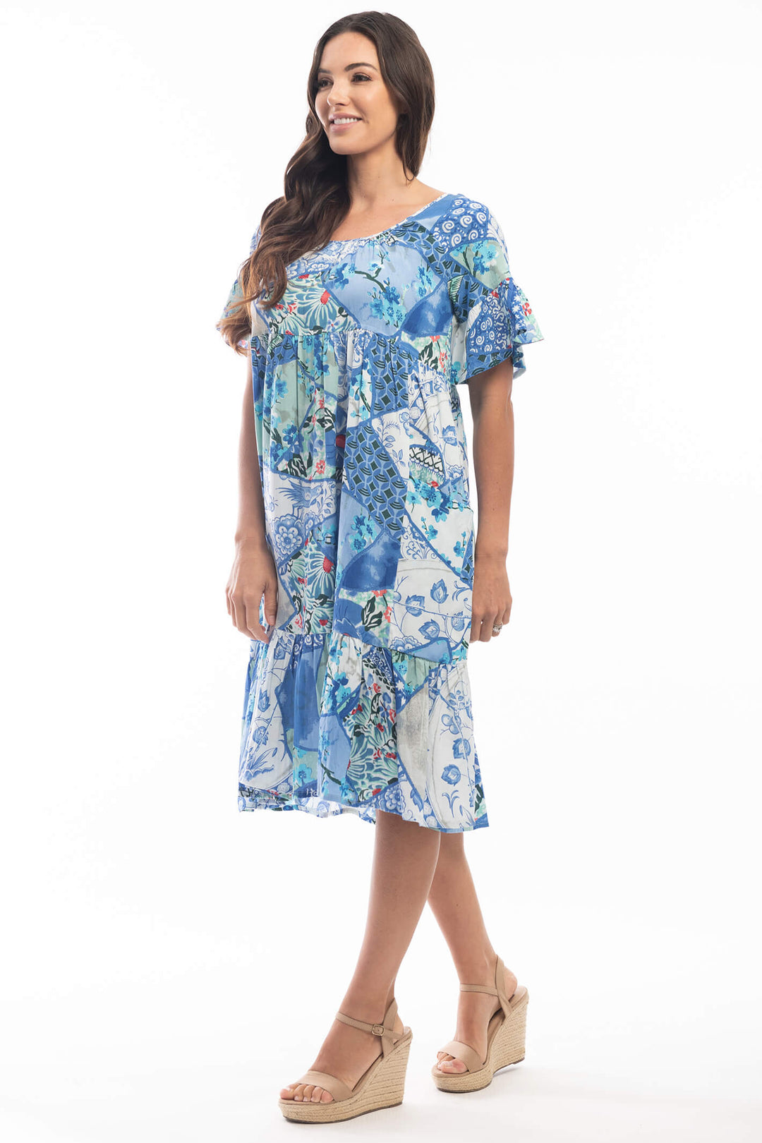 Orientique 2126 Blue Kintsugi Print Sort Sleeve Dress - Experience Boutique