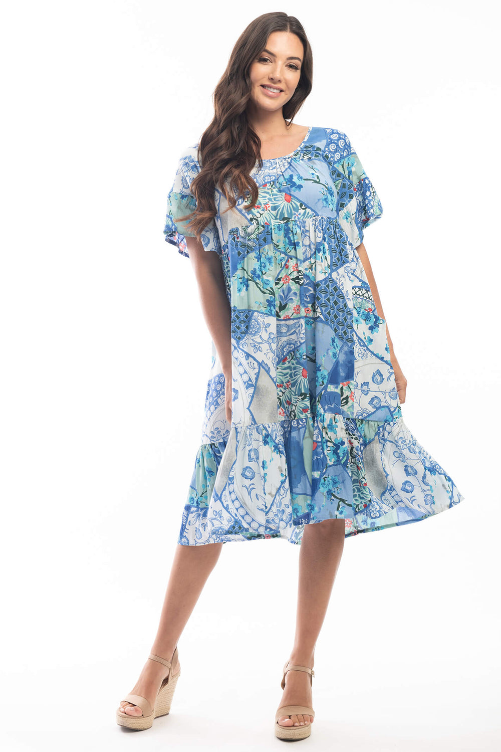 Orientique 2126 Blue Kintsugi Print Sort Sleeve Dress - Experience Boutique