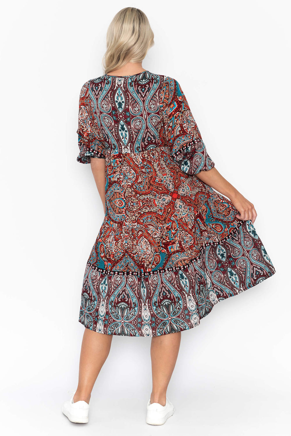 Orientique 21812 Red Blue Paisley Print Button Neck Dress - Experience Boutique