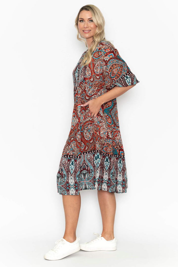 Orientique 21812 Red Blue Paisley Print Button Neck Dress - Experience Boutique