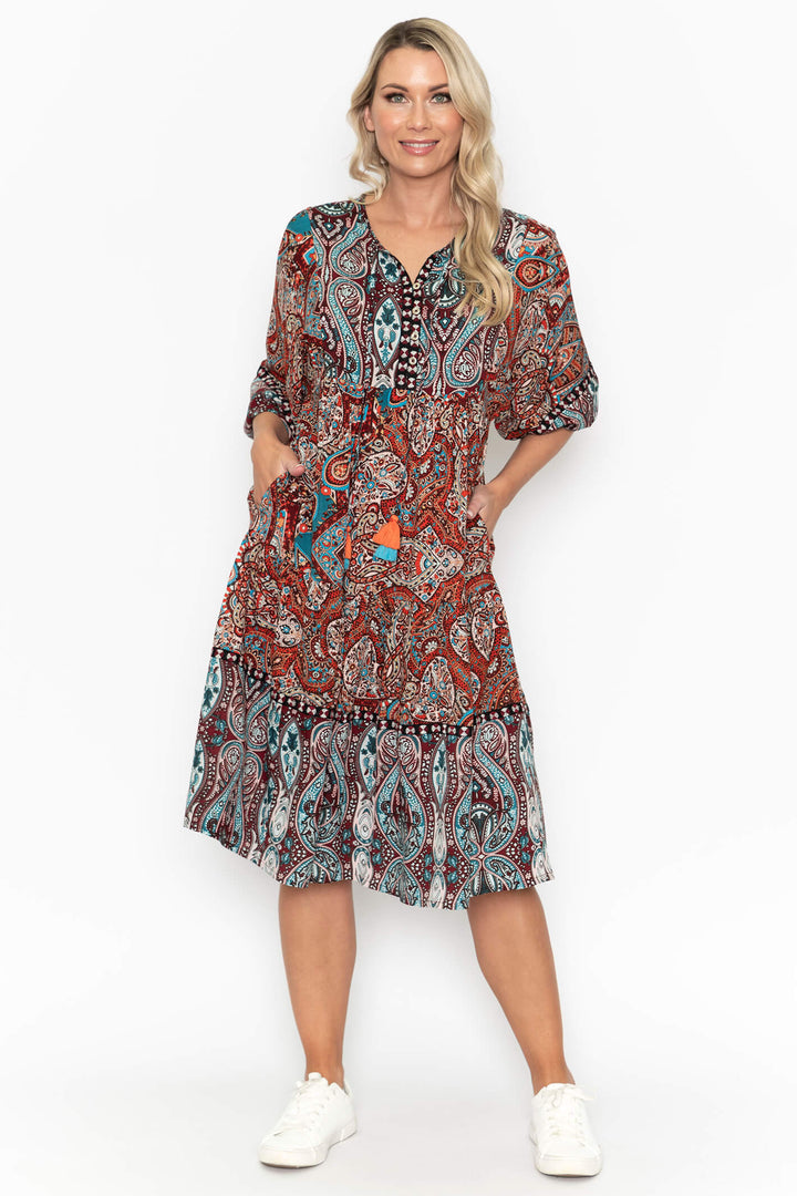 Orientique 21812 Red Blue Paisley Print Button Neck Dress - Experience Boutique