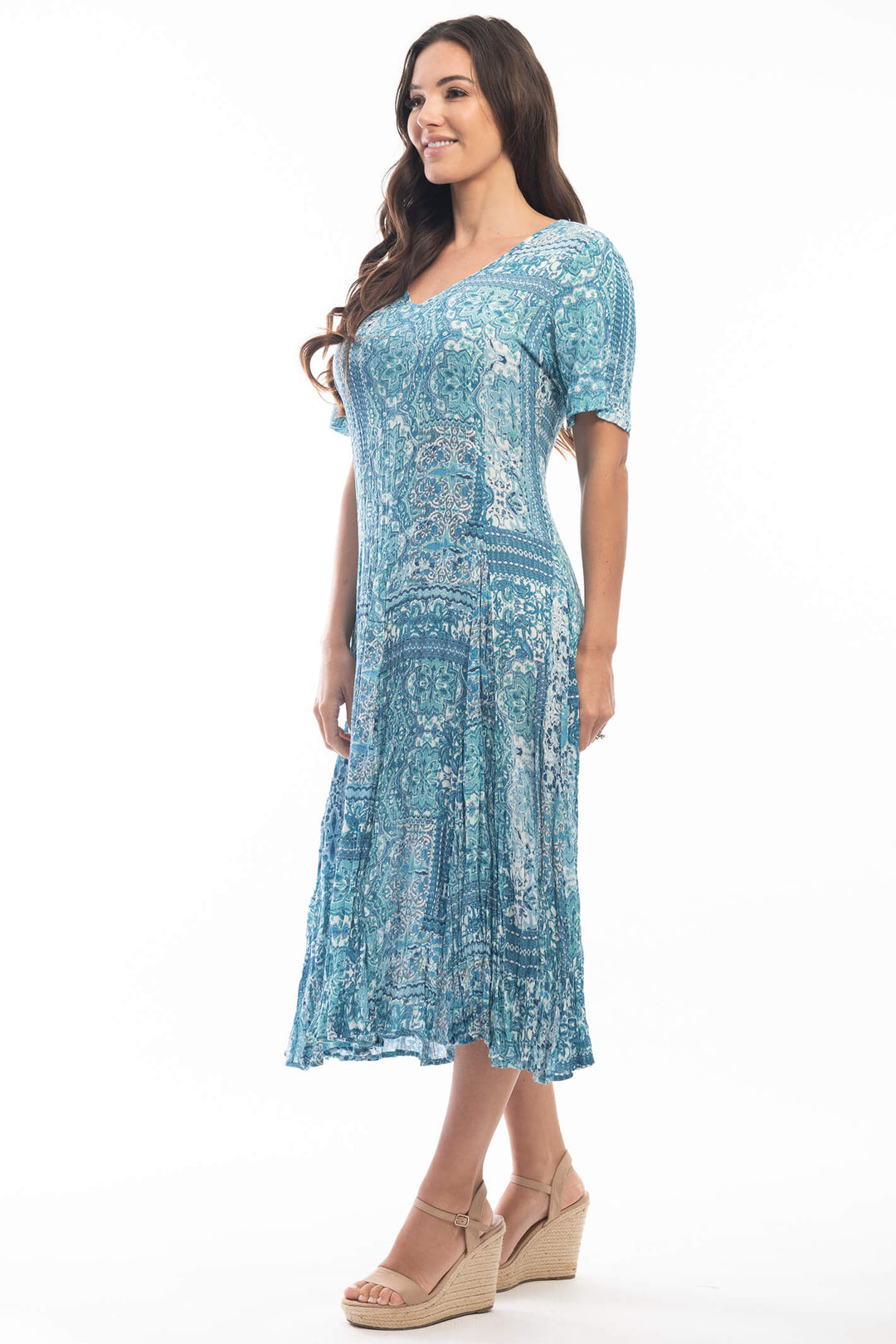 Orientique 4134 Blue Kotor Godet Sleeve Dress - Experience Boutique