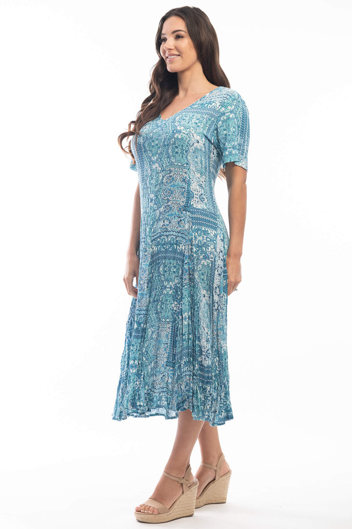 Orientique 4134 Blue Kotor Godet Sleeve Dress - Experience Boutique