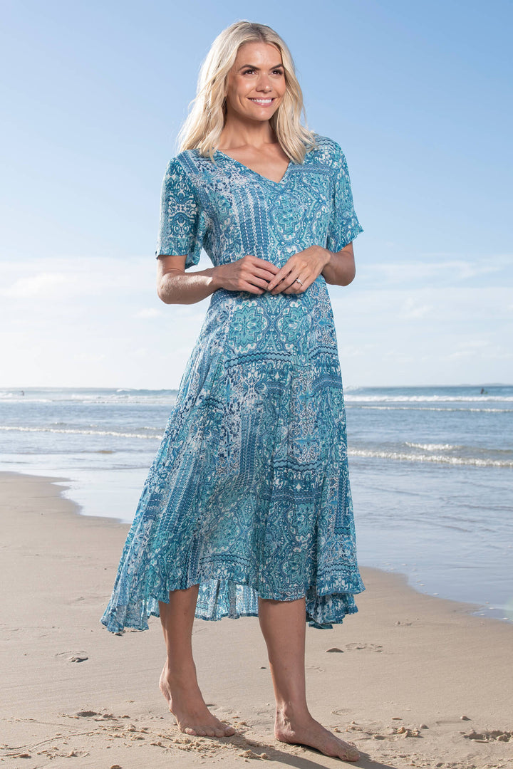 Orientique 4134 Blue Kotor Godet Sleeve Dress - Experience Boutique