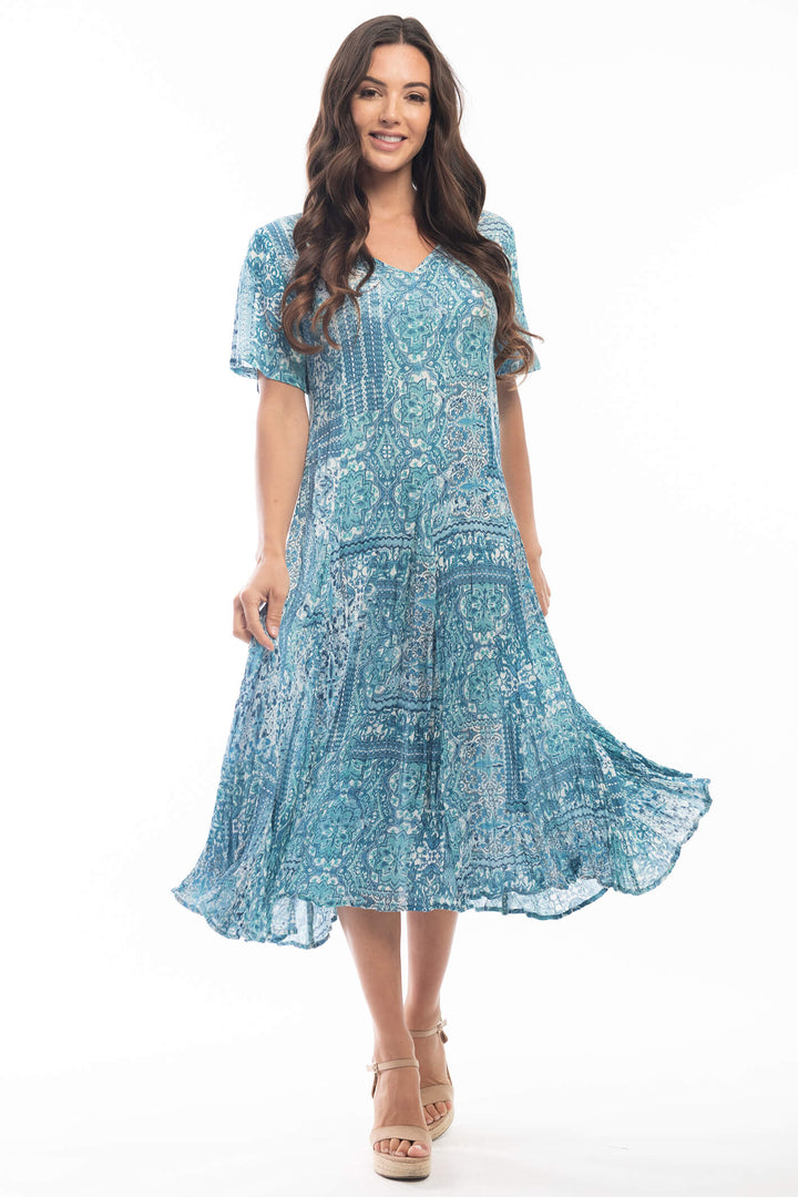 Orientique 4134 Blue Kotor Godet Sleeve Dress - Experience Boutique