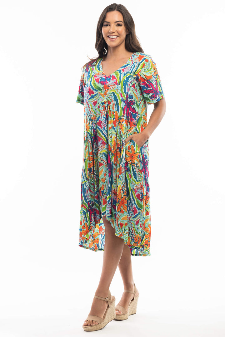 Orientique 6164 Blue Penglipuran Peak Print Short Dress - Experience Boutique