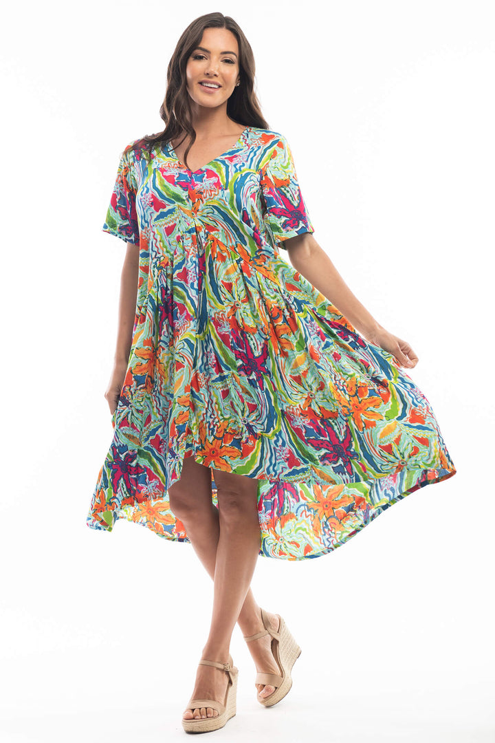 Orientique 6164 Blue Penglipuran Peak Print Short Dress - Experience Boutique
