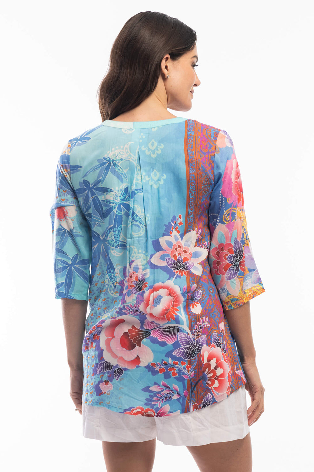 Orientique 7202 Mix 3 Blue Multi Print Half Button Top - Experience Boutique