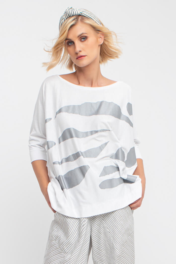 Ozai N Ku 83-3026 White Silver Print Wide Neck Top - Experience Boutique