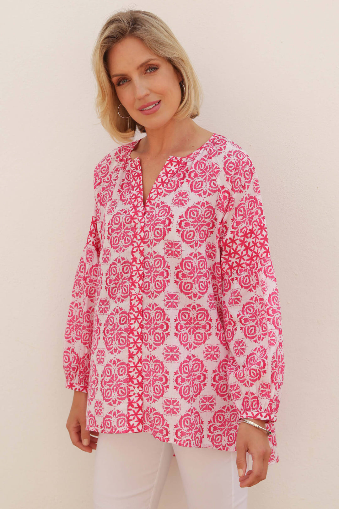 Pomodoro 72304 Pink Batik Print Blouse - Experience Boutique